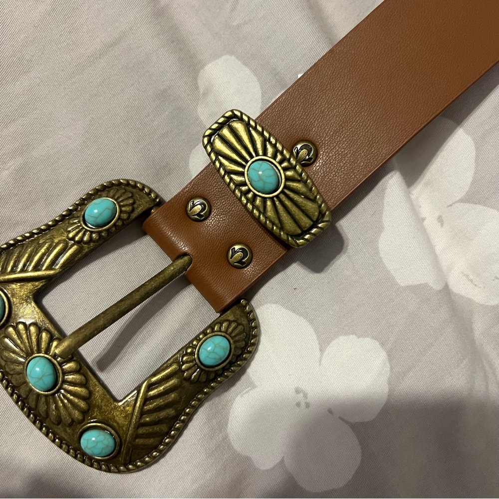 True Religion Tan Belt with Gold and Turquoise Details